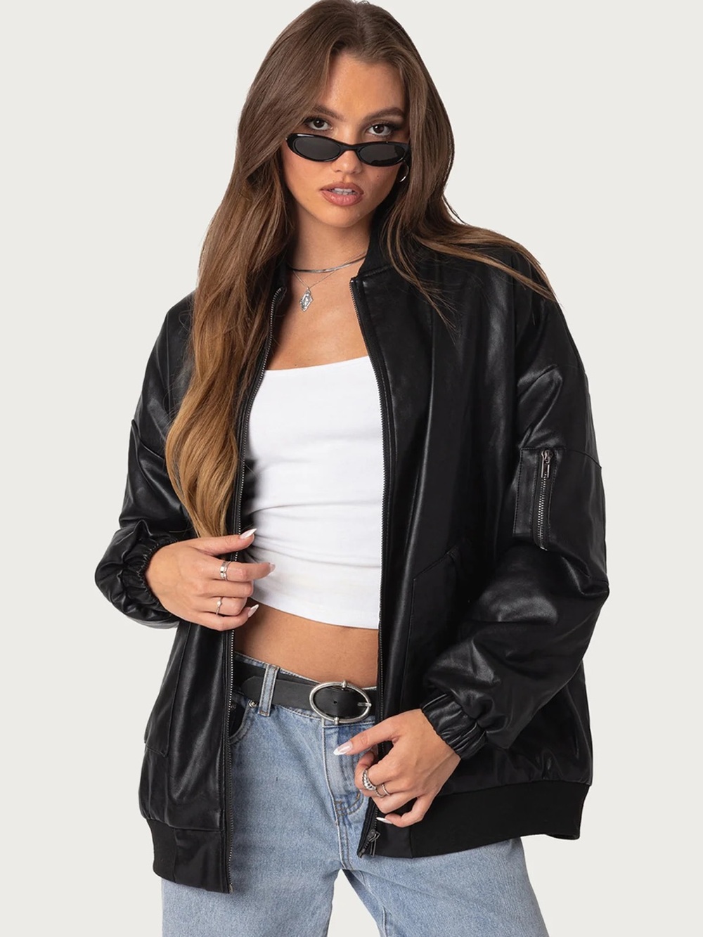 Ediked Faux Leather Oversized Bomber Jacket